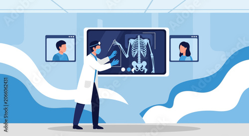 Medical Professional Analyzing Bone Structure With Communication Elements On Screen