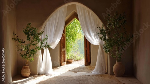 Elegant arched doorway with sheer curtains and lush greenery creating a tranquil scene