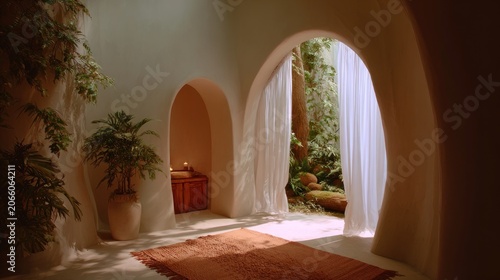 Serene interior with arched doorway plants and natural light ambiance