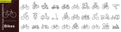 Bikes icon set. Containing eco transport, cycling sport, bicycle gear, healthy lifestyle, mountain bike, and tracking. Editable stroke. Vector illustration
