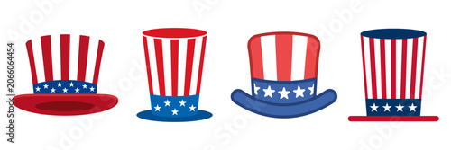 Patriotic American Uncle Sam Hat Icon Set Fourth Of July Independence Day Vector Graphic Element