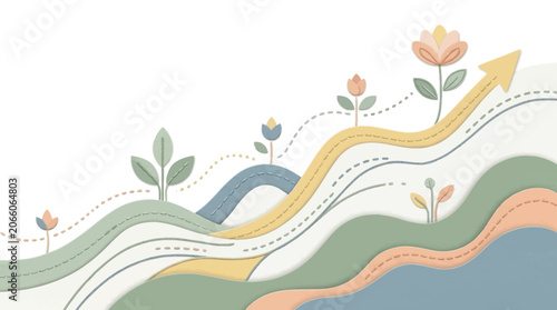 Abstract paper-cut vector illustration with wavy ascending paths, upward arrows, and stylized pastel flowers on white background, symbolizing growth, journey, and progress.