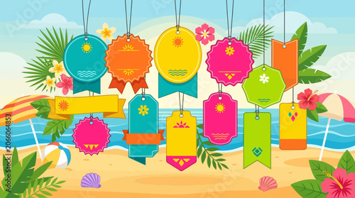 Colorful Flat Vector Illustration of Blank Hanging Price Tags and Labels Against a Tropical Summer Beach Landscape with Ocean Waves, Palm Leaves, Hibiscus Flowers, and Sun Umbrellas