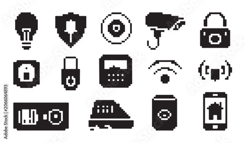 Bild auf Leinwand Pixel art icons representing smart home technology and security features