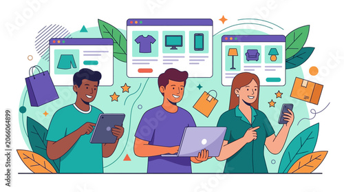 Diverse people using laptop, tablet, and smartphone for online shopping with browser interfaces showing clothing, tech, and furniture in a clean flat vector illustration style.