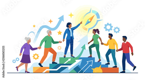 Flat vector illustration of a diverse group climbing a colorful bar graph staircase, led by a female leader pointing toward a glowing compass and upward growth arrows in a clean modern style.