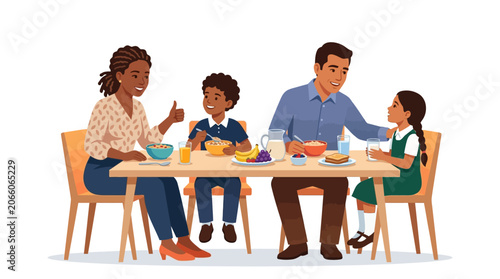 Flat vector illustration of a diverse multi-ethnic family sitting at a dining table eating breakfast together including cereal, fruit, and orange juice on a white background.