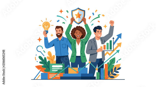 Flat vector illustration of diverse business professionals celebrating success with growth charts, an innovation lightbulb, and a security shield icon on white background.