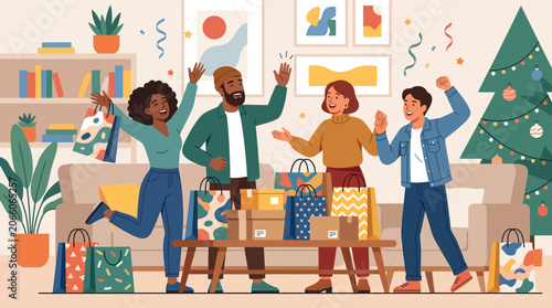 Flat vector illustration of diverse friends celebrating a holiday shopping haul in a modern living room with a Christmas tree, colorful gift bags, boxes, and festive confetti.