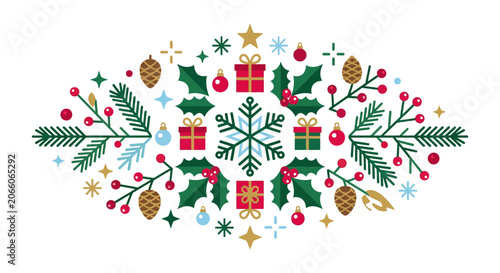 Modern flat vector Christmas horizontal composition with snowflakes, holly berries, pine cones, gift boxes, and holiday ornaments on a white background for seasonal decoration.