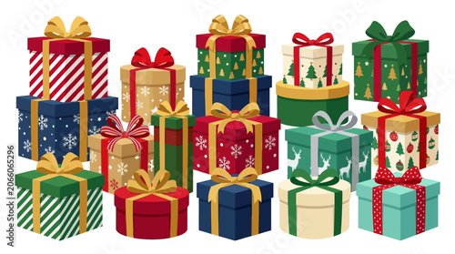 Illustration of various Christmas gift boxes with ribbons and bows on a white background. Features patterns like snowflakes, trees, and stripes in red, green, blue, and gold colors.