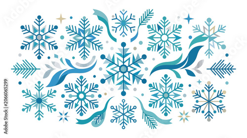 Modern flat vector illustration featuring a collection of blue and teal snowflakes, geometric ice crystals, spruce branches, and decorative swirls on a clean white background.