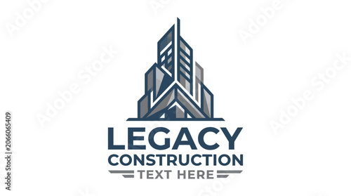 Modern vector logo for Legacy Construction with geometric skyscraper building icon in navy blue and grey tones isolated on white background for corporate real estate brand identity.