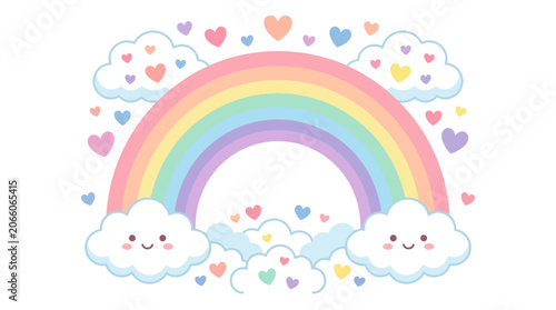 Pastel colored rainbow vector illustration featuring cute smiling clouds with rosy cheeks and multi-colored floating hearts on a clean white background. Minimalist flat style graphic.