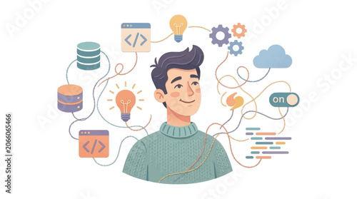 Software developer vector illustration featuring a young man surrounded by technology icons including coding tags, databases, gears, cloud storage, and lightbulbs on a white background.