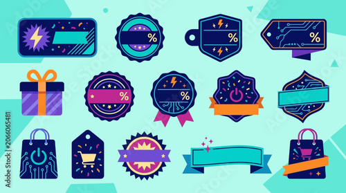 Set of flat vector e-commerce sale badges, tech-themed price tags, shopping bags with circuit patterns, discount ribbons, and gift box icons on a light blue background for retail.