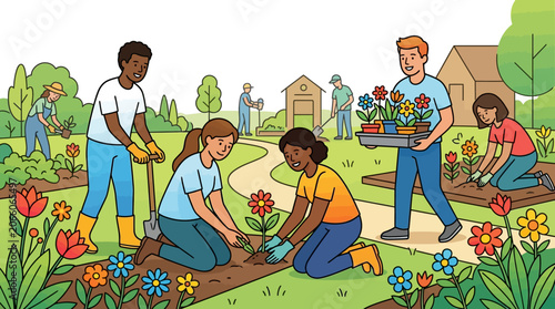 Vector illustration of a diverse group of people gardening together in a community park, planting colorful flowers in soil beds, using shovels and garden tools on a bright sunny day.