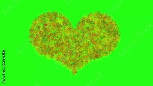 Burning fire heart shape with realistic flames and sparks on green screen background