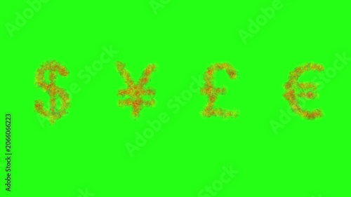 Burning currency symbols Dollar Yen and Euro with realistic fire flames on green screen background