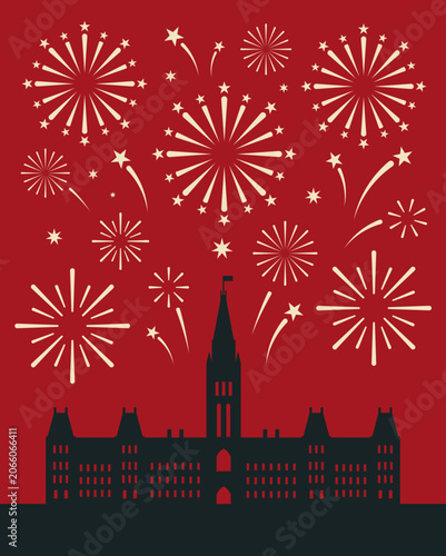 Ottawa Parliament Hill Building Silhouette With Fireworks Over Night Sky Vector Cityscape Background