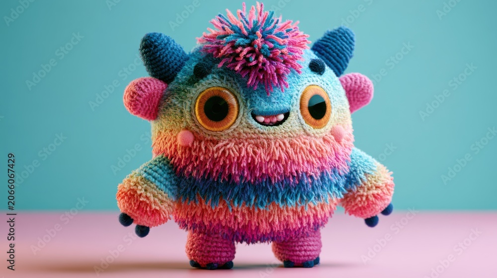 Fototapeta premium Amigurumi crochet designer art toy resembling a cute fluffy blind box monster character on a pastel background.