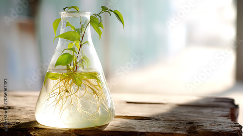 carboy. Clear glass carboy with floating green plant and visible roots on rustic wooden surface. gardening catalogs, home-decor guides, designed for home decor and floral branding.
