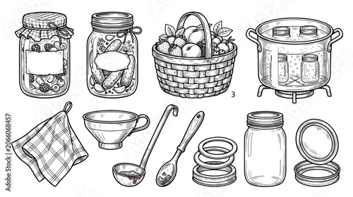 Bild auf Leinwand Vintage canning equipment vector set, hand drawn mason jars and preserving tools