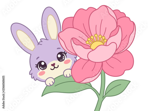 Cute cartoon rabbit character peeking behind a pink rose flower