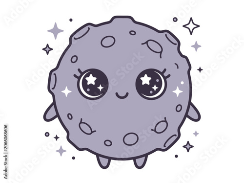 Cute kawaii moon character with sparkling eyes isolated on white background