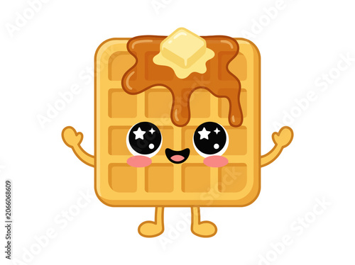 Cute cartoon waffle character with syrup and butter waving on white