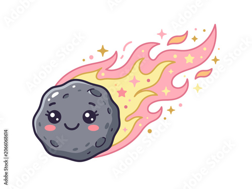 Cute cartoon asteroid character flying with a glowing trail in space