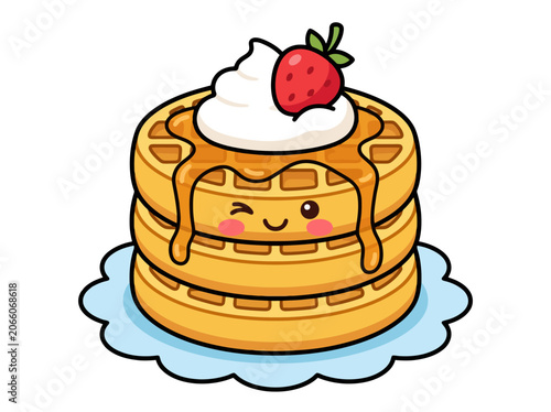 Cute kawaii waffle stack with whipped cream and syrup isolated on white
