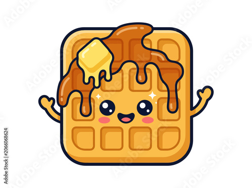Cute cartoon waffle character with melting butter and syrup, white background