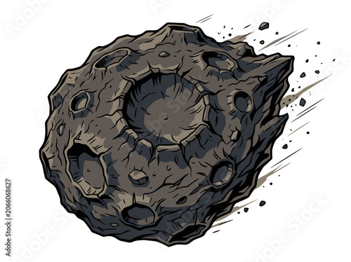Cartoon illustration of a grey rocky asteroid with craters in space