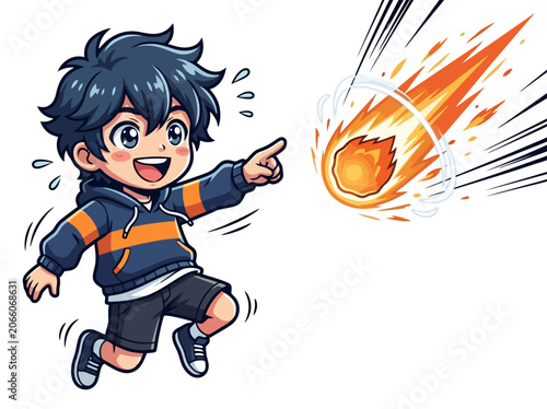 Cheerful anime boy jumping and pointing vector cartoon character