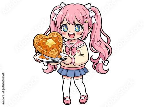 Cute anime girl holding a heart shaped waffle with syrup and butter