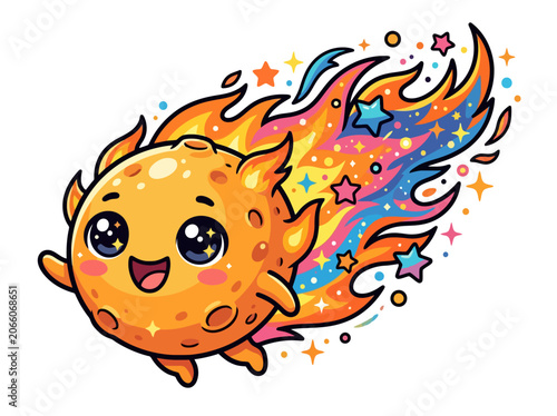 Cute cartoon fireball character flying through space for kids design