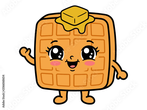 Cute cartoon waffle character with butter waving hello on white background