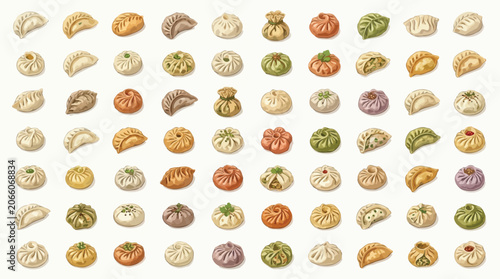 Tableau sur toile A diverse collection of various dumplings and dim sum, showcasing different shapes, colors, and fillings