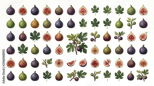Schilderij op canvas Collection of fresh figs, whole and sliced, with leaves and branches, showcasing variety in color and ripeness
