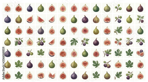 Tableau sur toile Collection of fresh figs, whole and sliced, showcasing various colors and stages of ripeness, with leaves and branches