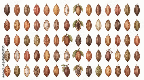 Obraz na plátně Collection of various cocoa pods in different stages of ripeness and varieties, displayed in a grid pattern