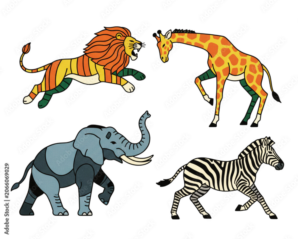 Obraz premium Wild Animal Poses Collection: A detailed set of dynamic wild animal illustrations: dynamic lion, elephant, giraffe, zebra.