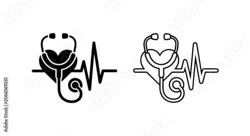Schilderij op canvas Heartbeat and stethoscope medical icon set in solid and outline style