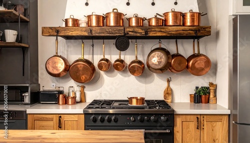 Modern Kitchen Interior with Copper Cookware.