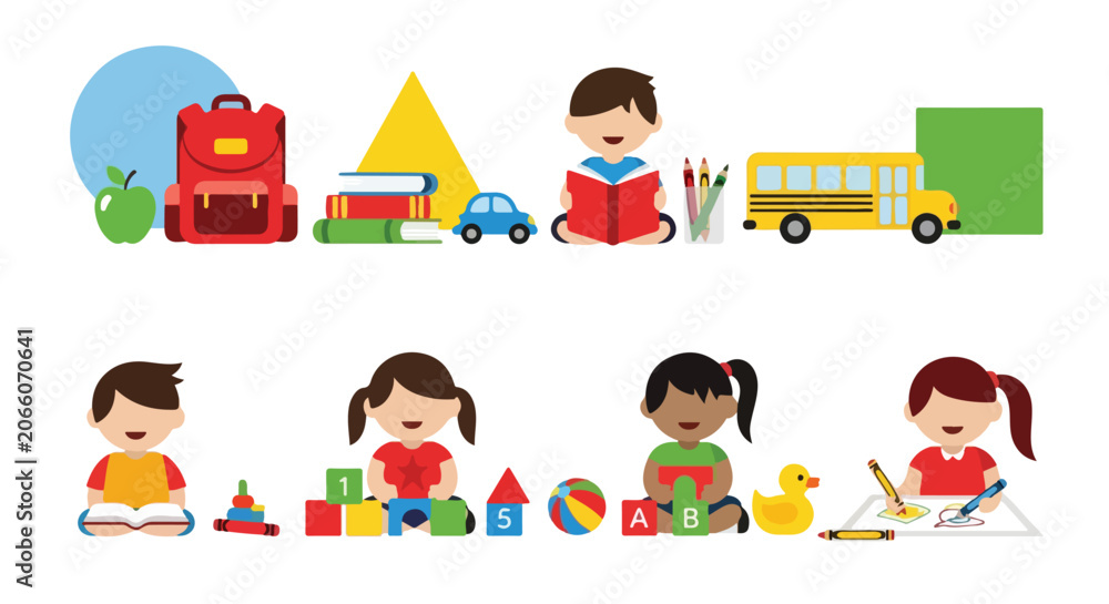 Naklejka premium A colorful vector illustration depicting children engaged in various learning and play activities, accompanied by diverse school supplies and toys.