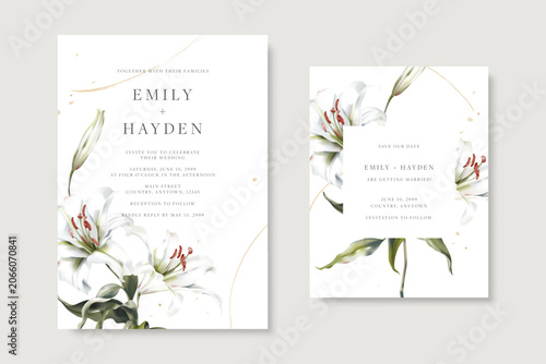 Elegant wedding invitation and save the date template card set with watercolo...