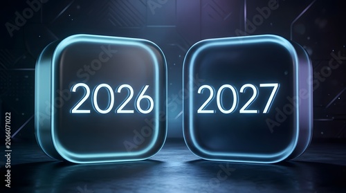 Future dates 2026 and 2027 in neon blue boxes technology concept