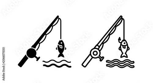 Fotografie Fishing rod with hooked fish and water waves icons recreation equipment