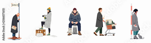 Diverse set of characters experiencing homelessness, unemployment, and economic hardship in a flat illustration style isolated on a white background